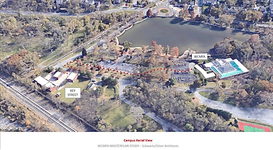 This aerial view shows the museum properties from the southwest. The new arts education campus is planned for the Key Street properties shown at the lower left. The museum is on the right.