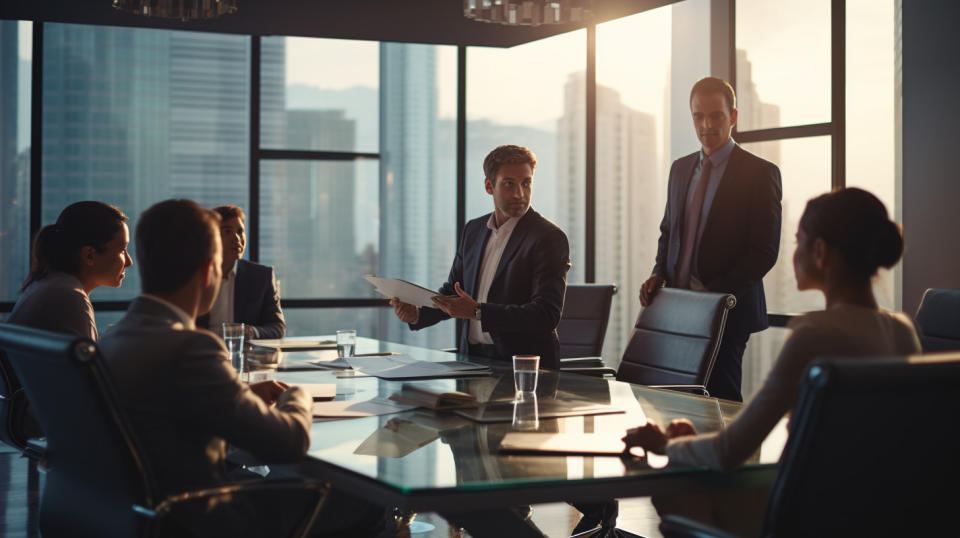 A business executive in a board room, discussing the career management strategies of the company.