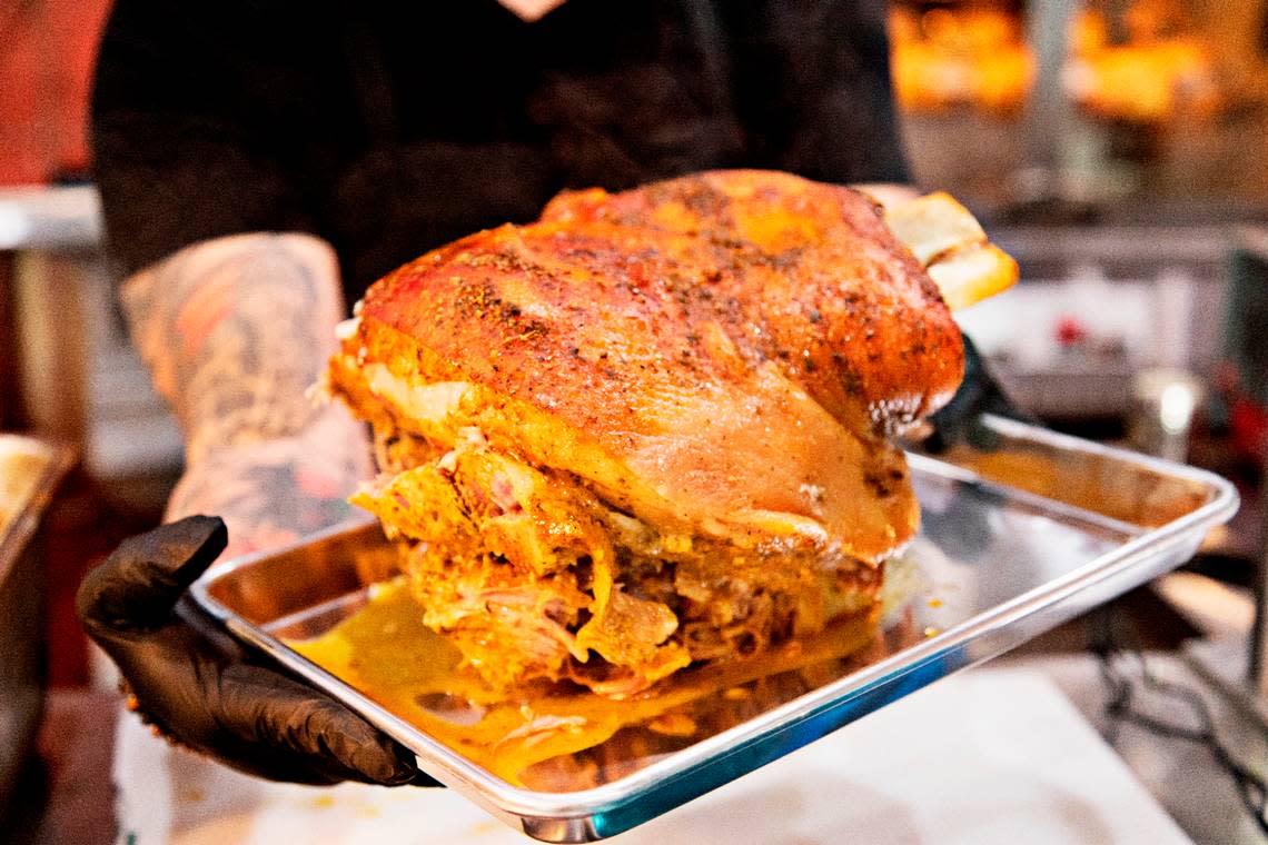 The Lechon Latin BBQ Joint menu will focus on its namesake, the Puerto Rican suckling pig, marinated for three days in garlic, lemon and cilantro and roasted for eight hours in a rotisserie oven until the skin crackles and drips with fat.