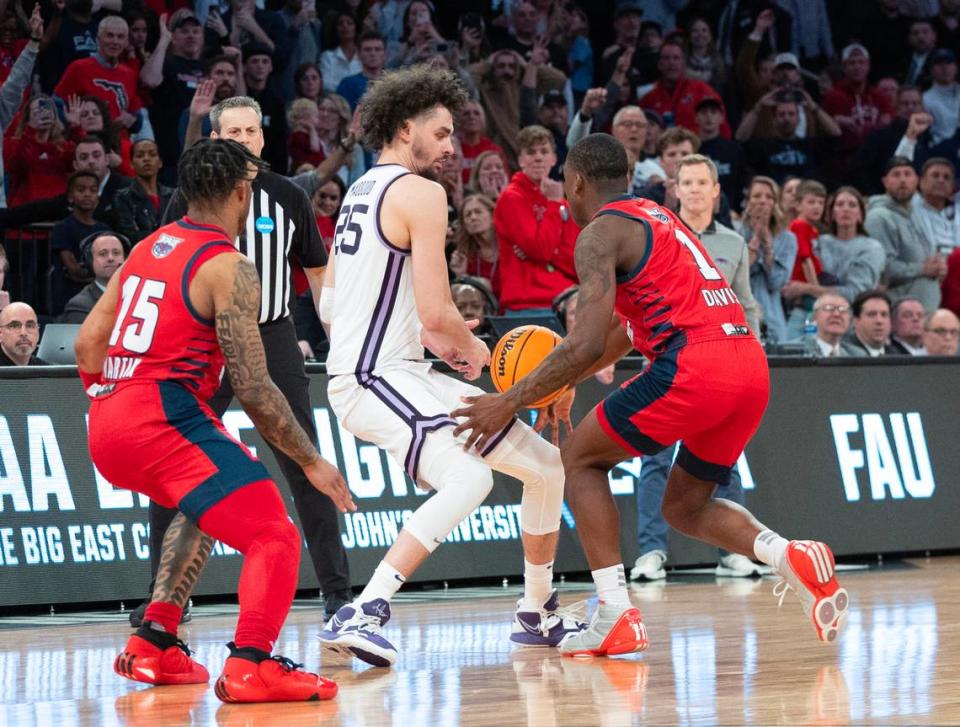 Kansas State’s Ismael Massoud losses control of the ball and can’t get off the final shot for a potential tie against Florida Atlantic at Madison Square Garden on Saturday night.