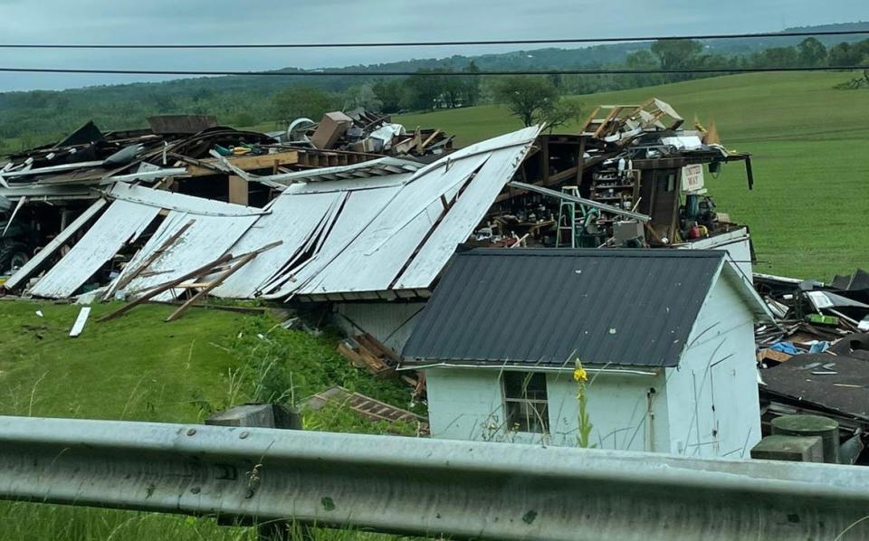 A barn on the property of Ernie Wolf along state Route 226 north of Shreve, was destroyed in the Monday night storm.