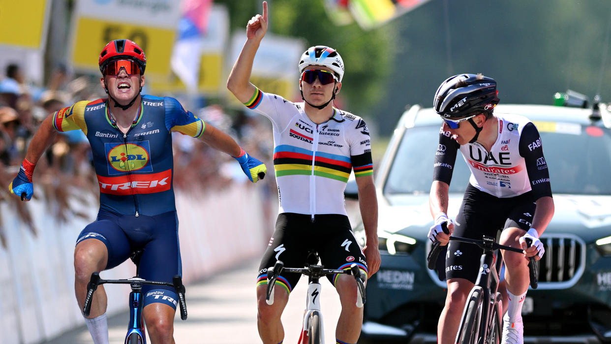  Top contenders for men's road race at 2023 Road World Championship include (L to R) Mads Pedersen, Remco Evenepoel and Tadej Pogačar 