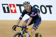 Cycling - UCI Track World Championships - Men's Omnium, Points Race - Hong Kong, China – 15/4/17 - France's Benjamin Thomas celebrates after winning gold. REUTERS/Bobby Yip