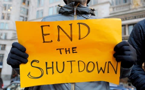 Protesters hold signs during a rally and protest by government workers and concerned citizens against the government shutdown on Friday, January 11 - Credit: Joseph PREZIOSO / AFP