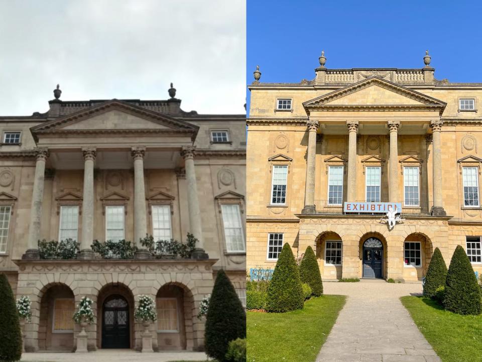 The yellow hued exterior of the Holburne Museum in Bath in "Bridgerton" and in real life with a manicured garden in front.