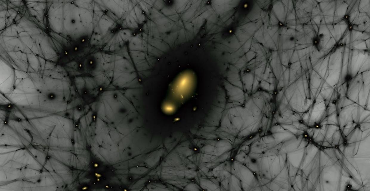 La imagen muestra la relación entre los filamentos del halo de materia oscura y las galaxias que habitan en ellos. <a href="https://news.fnal.gov/2020/04/the-milky-ways-satellites-help-reveal-link-between-dark-matter-halos-and-galaxy-formation/" rel="nofollow noopener" target="_blank" data-ylk="slk:Ralf Kaehler/SLAC National Accelerator Laboratory;elm:context_link;itc:0;sec:content-canvas" class="link ">Ralf Kaehler/SLAC National Accelerator Laboratory</a>, <a href="http://creativecommons.org/licenses/by-sa/4.0/" rel="nofollow noopener" target="_blank" data-ylk="slk:CC BY-SA;elm:context_link;itc:0;sec:content-canvas" class="link ">CC BY-SA</a>