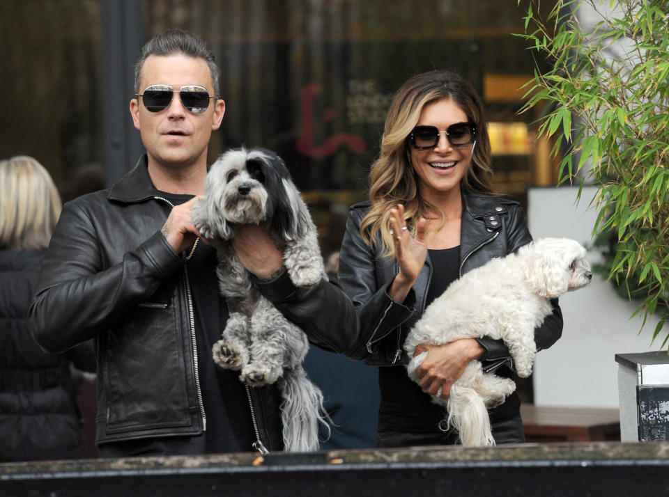 Singer Robbie Williams and his wife Ayda Field leave after he appeared on ITV's Loose Women show at the London Studios.