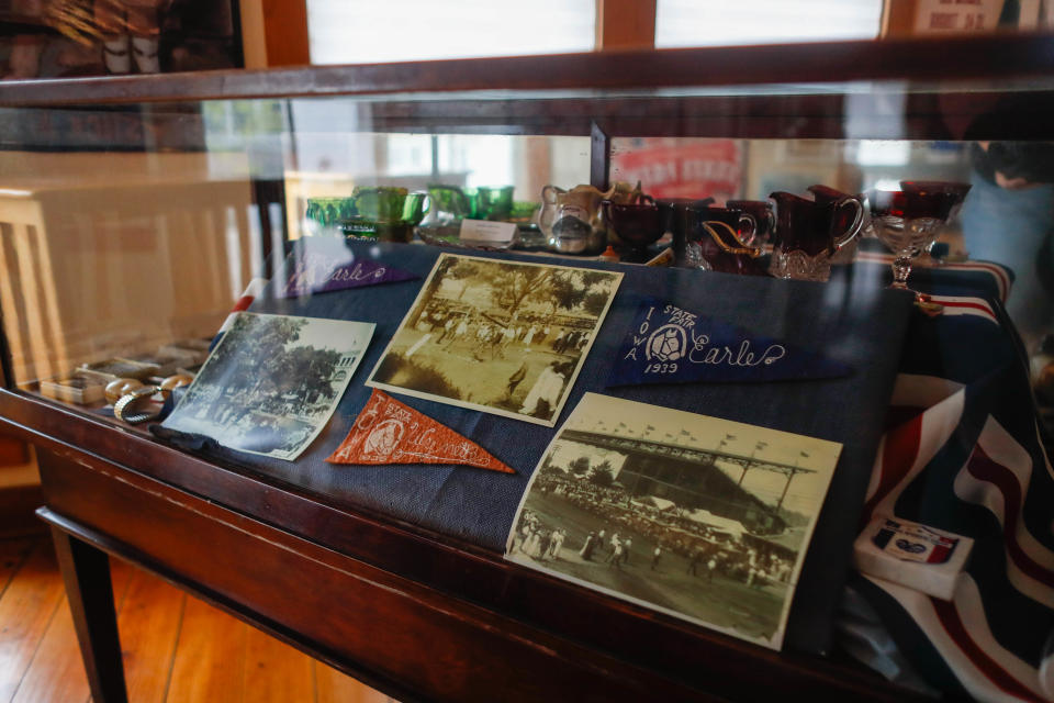 Iowa State Fair memorabilia sits on display in the Ralph H. Deets Historical Museum at the fairgrounds in Des Moines on Friday, April 28, 2023.