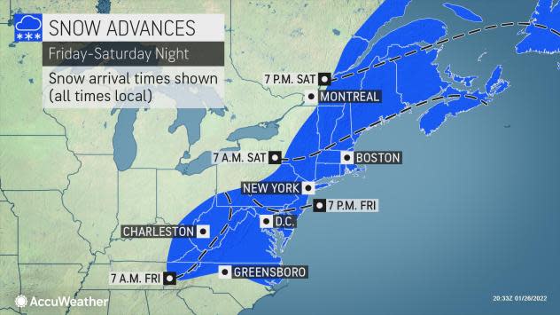 This AccuWeather map shows likely arrival times of the storm.