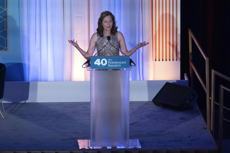 Supreme Court Associate Justice Amy Coney Barrett speaks during the Federalist Society's 40th Anniversary dinner at Union Station in Washington, Monday, Nov. 10, 2022. ( AP Photo/Jose Luis Magana)