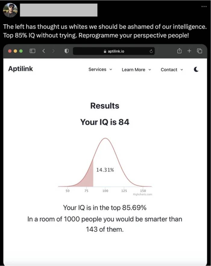 A screenshot showing an IQ test result with a score of 84, positioned below the average range on a bell curve graph