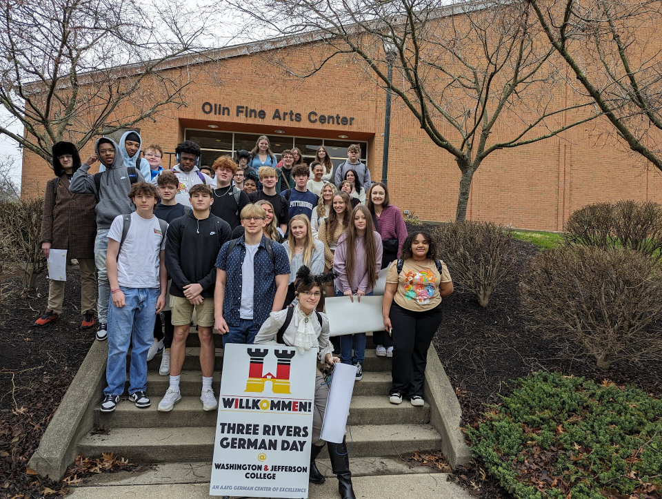 Central Valley High School students pose outside of the German Day competition at Washington & Jefferson College. Students pictured include Manasseh Saykin, Gavin Husk, Jayson McFadden, Nolan O'Neill, Juniper Gessner, Nadia Ehle, Hailey Antoline, Hayden Reefer, Dar'Ae Harris, Evin Gales, Brendan Alexander, Tyler Costanza, Douglas Sutter, Jayden Kilzer, Ashya Broadnax, Quinn O'Neill, Noah Taylor, Addy McFadden, Laura Kirkwood, Lily Seese, Anthony Mano, E. Chachin, Brooke Ladakos, Braiden Hostutler, Julia Henderson, Damoni Anzur, Mackenzie Posey, Emily Goberish, Sophia St. Esprit and Camryn Claar..