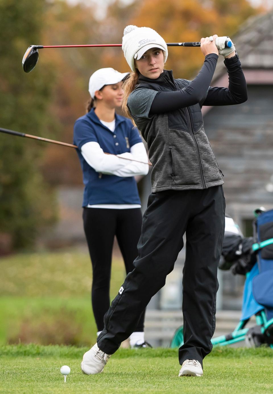 Souderton's Alli Engart gets in a practice swing during the second and final round of the PIAA Class 3A girls individual golf championships at Penn State University's Blue Course Tuesday, Oct. 17, 2023, in State College, Pa.