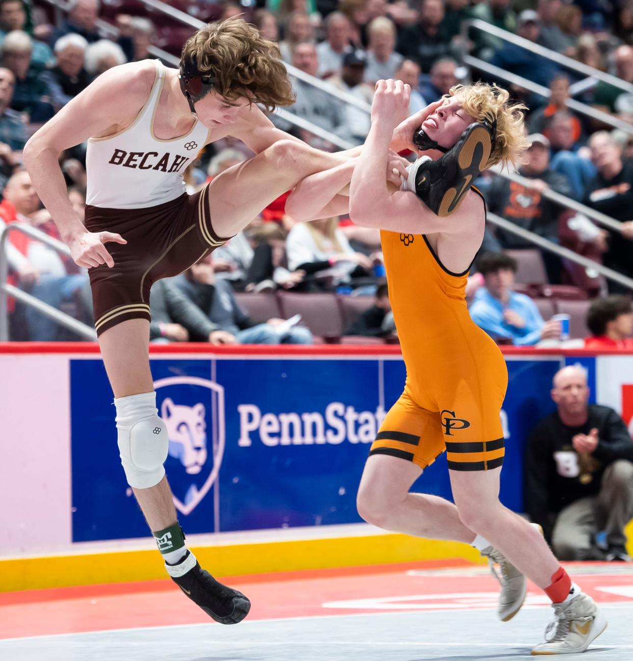 Cathedral Prep's Jake Van Dee, right, wrestles Bethlehem Catholic's Dante Frinzi during a 126-pound round of 16 bout at the PIAA Class 3A Wrestling Championships at the Giant Center on Thursday, March 10, 2022, in Derry Township. Van Dee won by decision, 2-1.
