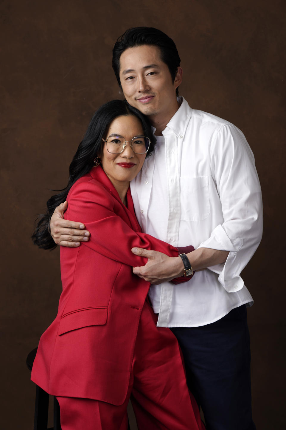 Ali Wong, left, and Steven Yeun, the co-stars of the Netflix series "Beef," pose together for a portrait, Tuesday, March 28, 2023, at the London Hotel in West Hollywood, Calif. (AP Photo/Chris Pizzello)