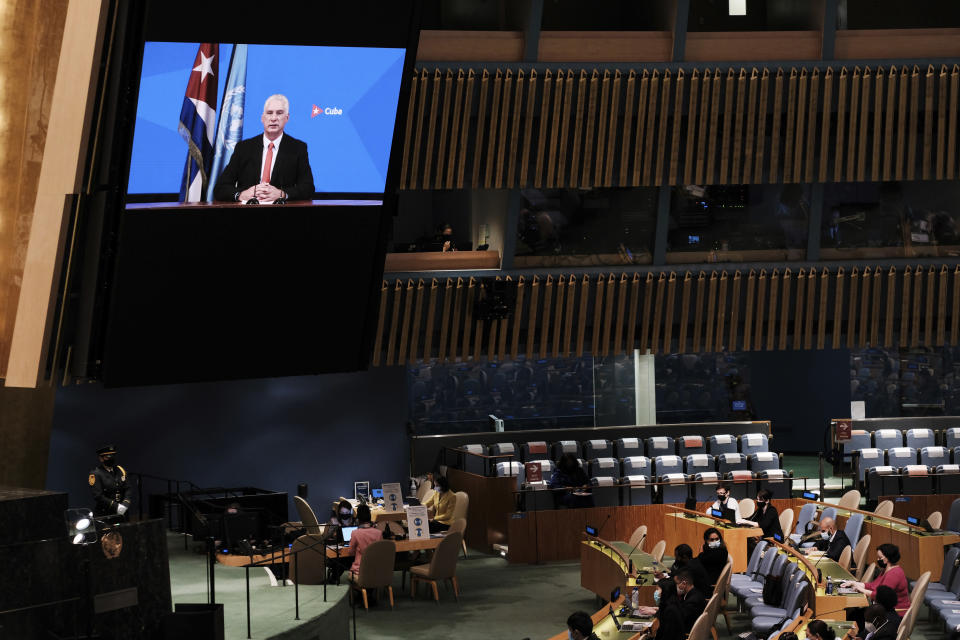 The President of Cuba, Miguel Mario Díaz-Canel Bermúdez speaks via video link at the 76th Session of the U.N. General Assembly at United Nations headquarters in New York, on Thursday, Sept. 23, 2021. (Spencer Platt/Pool Photo via AP)