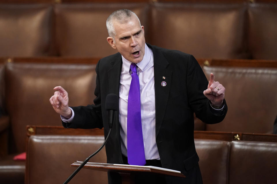 Rep. Matt Rosendale, R-Mont., nominates Rep. Byron Donalds, R-Fla., for the ninth vote in the House chamber as the House meets for the third day to elect a speaker and convene the 118th Congress in Washington, Thursday, Jan. 5, 2023. (AP Photo/Alex Brandon)