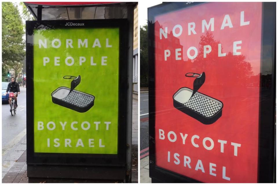 Anti-Israel protests based on Sally Rooney’s ‘Normal People’ appeared on TfL bus stops over the weekend but have now been taken down  (Protest Stencil)