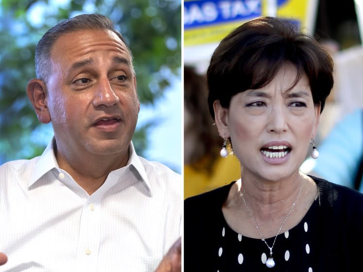Rep. Gil Cisneros, left, is running for U.S. House seat in the 39th District in California, against Young Kim. Allen J. Schaben / Los Angeles Times(Cisneros) / Chris Carlson/Associated Press(Kim)