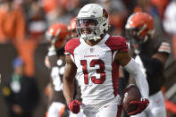 Arizona Cardinals wide receiver Christian Kirk smiles after scoring a 21-yard touchdown during the first half of an NFL football game against the Cleveland Browns, Sunday, Oct. 17, 2021, in Cleveland. (AP Photo/David Richard)