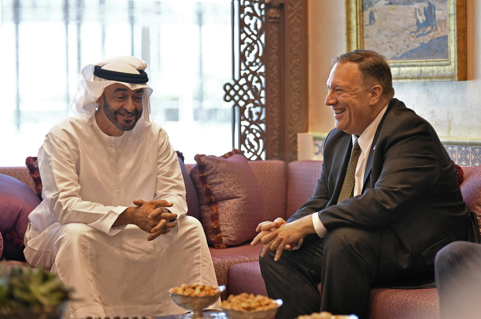 U.S. Secretary of State Mike Pompeo meets with Abu Dhabi Crown Prince Mohamed bin Zayed al-Nahyan in Abu Dhabi, United Arab Emirates, Thursday, Sept. 19, 2019. (Mandel Ngan/Pool via AP)