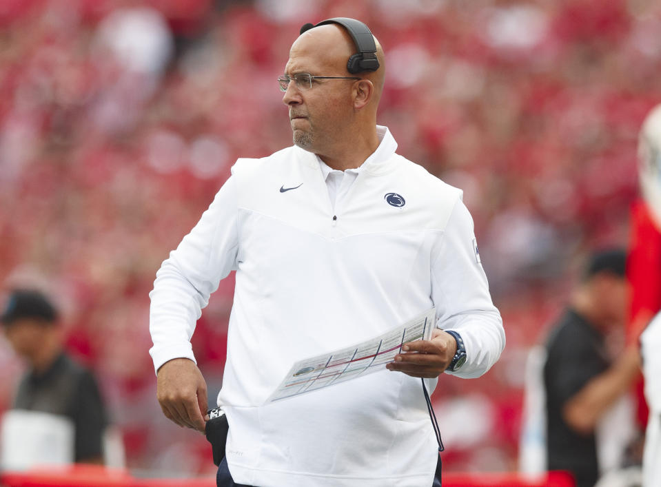 Sept. 4, 2021; Madison, Wisconsin; Penn State Nittany Lions head coach James Franklin looks on during the second quarter against the Wisconsin Badgers at Camp Randall Stadium. Jeff Hanisch-USA TODAY Sports