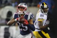 Jan 22, 2017; Foxborough, MA, USA; New England Patriots cornerback Eric Rowe (25) intercepts a pass against the Pittsburgh Steelers during the fourth quarter in the 2017 AFC Championship Game at Gillette Stadium. Mandatory Credit: Winslow Townson-USA TODAY Sports