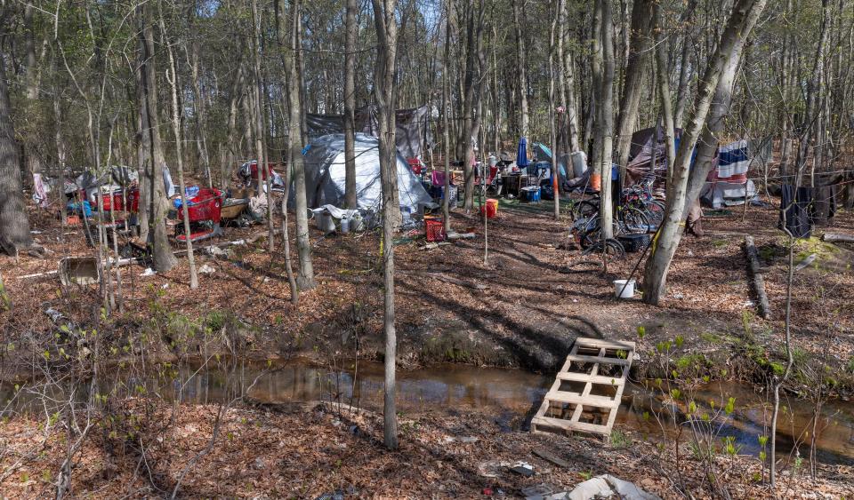 Homeless camp in Neptune behind the Shop Rite off Route 66. Neptune is trying to find alternative housing for most of them as neighbors in nearby neighborhoods have complained about the situation.  4/20/23