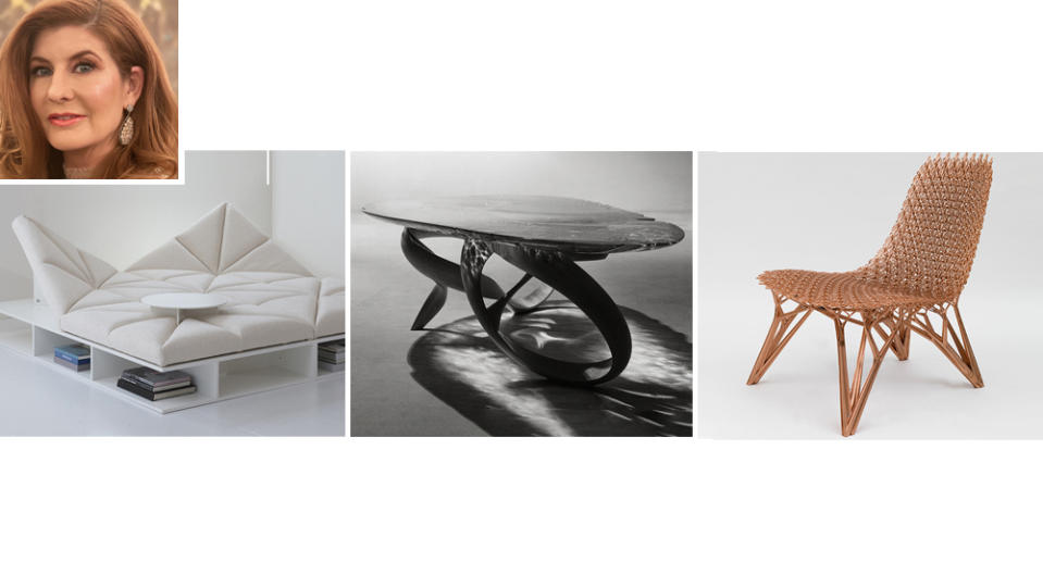 From left to right: Pierre Paulin Tapis-Siège, Joseph Walsh Lumenoria table, Joris Laarman Adaptation chair - Credit: Courtesy of Amy Lau/Pierre Paulin/Joseph Walsh/Joris Laarman