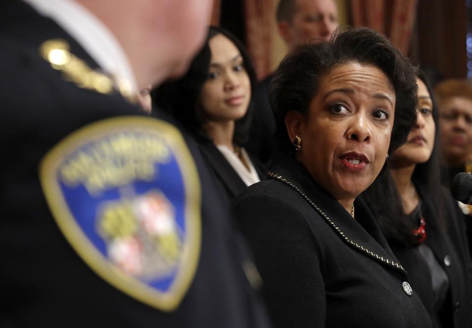 Attorney General Loretta Lynch speaks during a joint news conference in Baltimore, Thursday, Jan. 12, 2017, to announce the Baltimore Police Department's commitment to a sweeping overhaul of its practices under a court-enforceable agreement with the federal government. (AP Photo/Patrick Semansky)