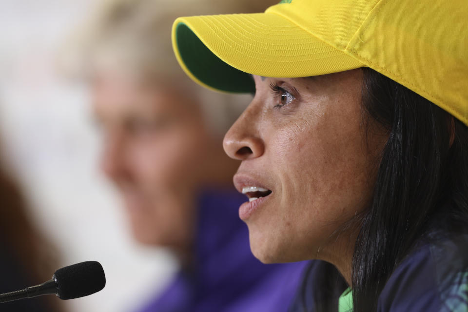 Brazil's Marta reacts at a news conference ahead of what could be her last Women's World Cup match in Melbourne, Australia, Tuesday, Aug. 1, 2023. "When I started playing, I didn't have an idol - a female idol. (AP Photo/Victoria Adkins)