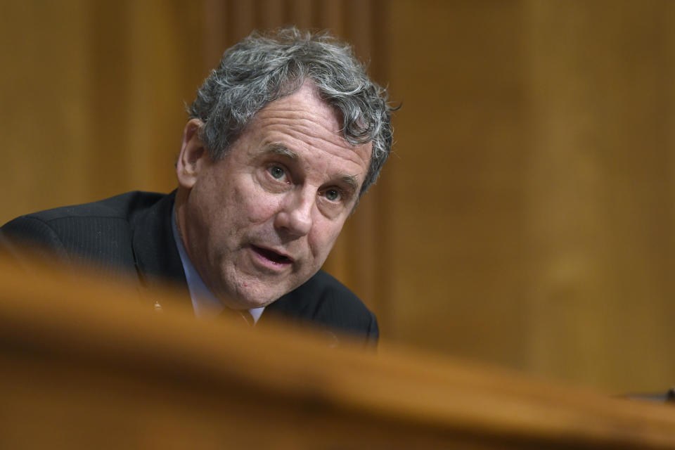 Sen. Sherrod Brown, D-Ohio, speaks during a Senate Finance Committee hearing with pharmacy benefit managers on Capitol Hill in Washington, Tuesday, April 9, 2019, exploring the high cost of prescription drugs. (AP Photo/Susan Walsh)