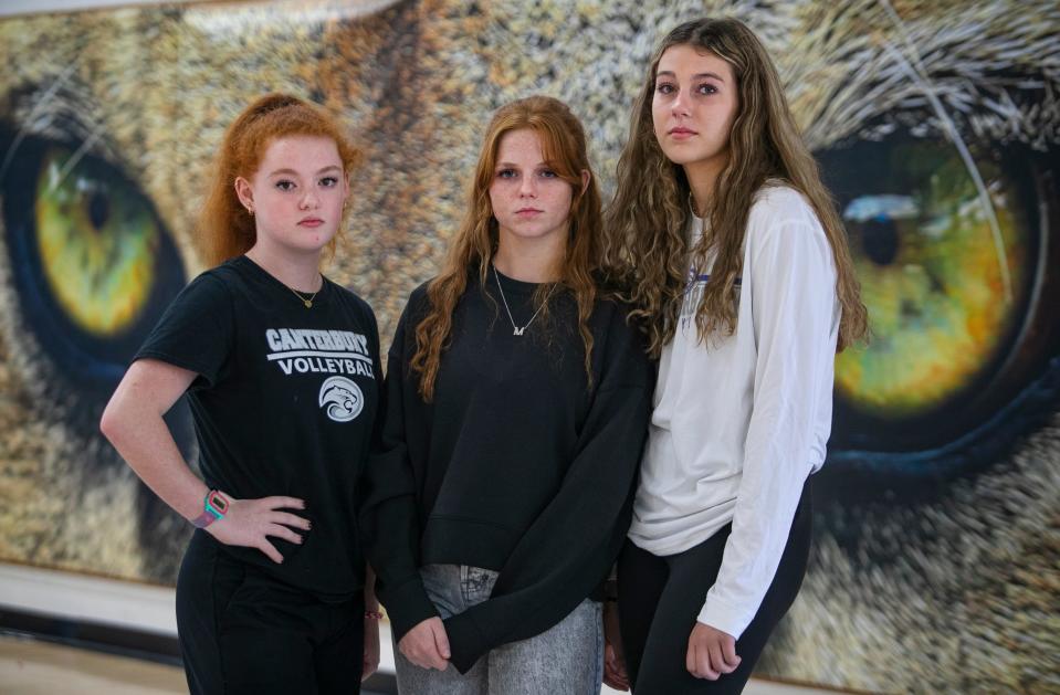 From left, Delaney Fried, Maryn Fancher and Brighten Sedmack, all teammates for the Canterbury School volleyball team, are photographed at the school gymnasium Friday, October 14, 2022. They all were severely impacted by the effects of Hurricane Ian. 