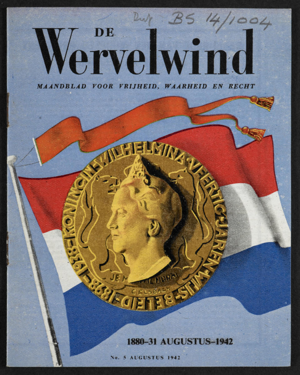 'De Wervelwind' (The Whirlwind), a periodical made for the Dutch and disseminated in 1942. Around 22 issues of the magazine were made during the war, and it was the only source of information for many Dutch troops and citizens. Curator Ian Cooke said the German regarded British war propaganda as a 'very credible threat' (British Library/Foreign Office)