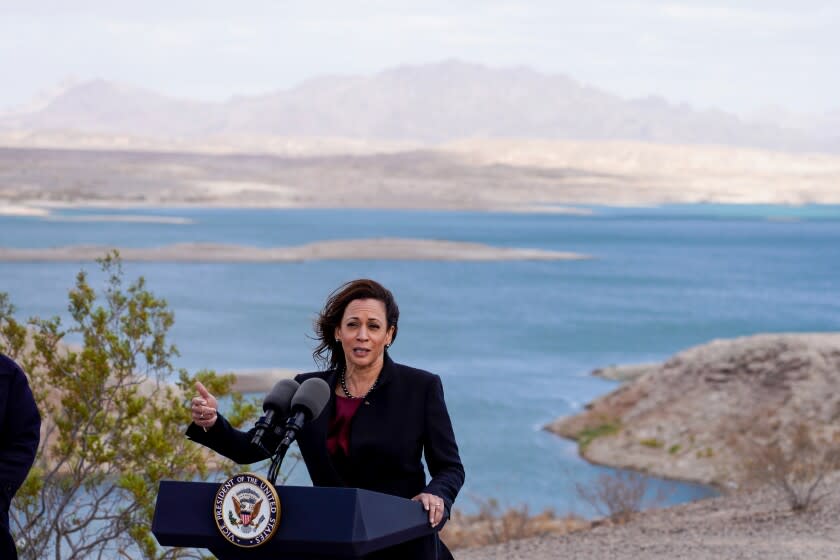 Lake Mead, NV - October 18: U.S. Vice President Kamala Harris delivers remarks during a tour of Lake Mead on Monday, Oct. 18, 2021 in Lake Mead, NV. The Southern Nevada Water Authority briefed the vice president on the ongoing drought in Lake Mead, which supplies more than 90% of water to the Las Vegas Valley. (Kent Nishimura / Los Angeles Times)