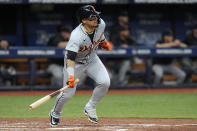 Detroit Tigers' Javier Baez hits a single off Tampa Bay Rays starting pitcher Zack Littell during the fifth inning of a baseball game Monday, April 22, 2024, in St. Petersburg, Fla. (AP Photo/Chris O'Meara)