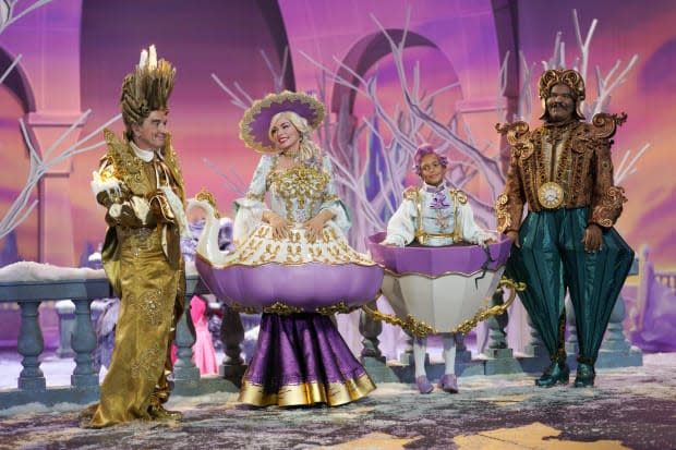 Lumière (Martin Short), Mrs. Potts (Shania Twain), Chip (Leo Abelo Perry) and Cogsworth (David Alan Grier).<p>Photo: Christopher Willard/Courtesy of ABC</p>