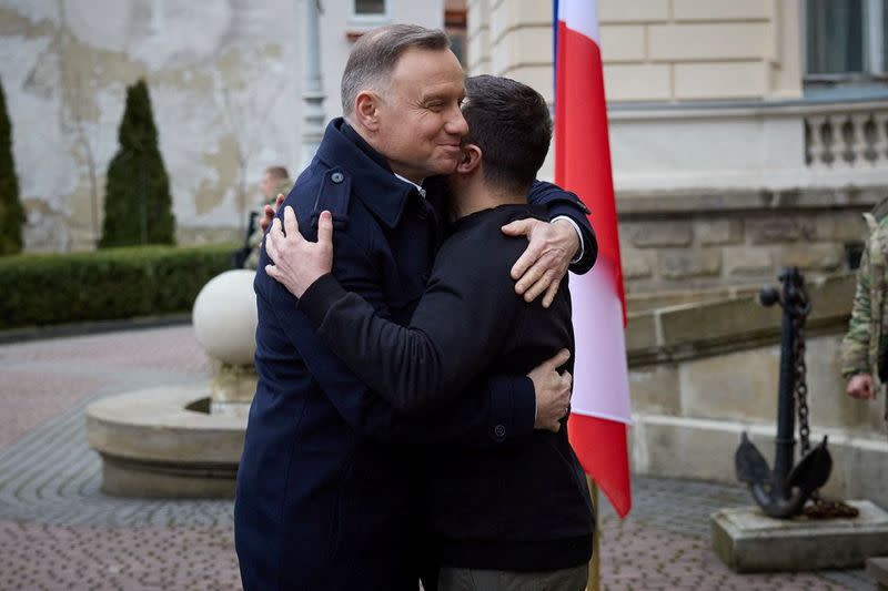 Ukraine's President Volodymyr Zelenskiy welcomes Poland's President Duda in Lviv
