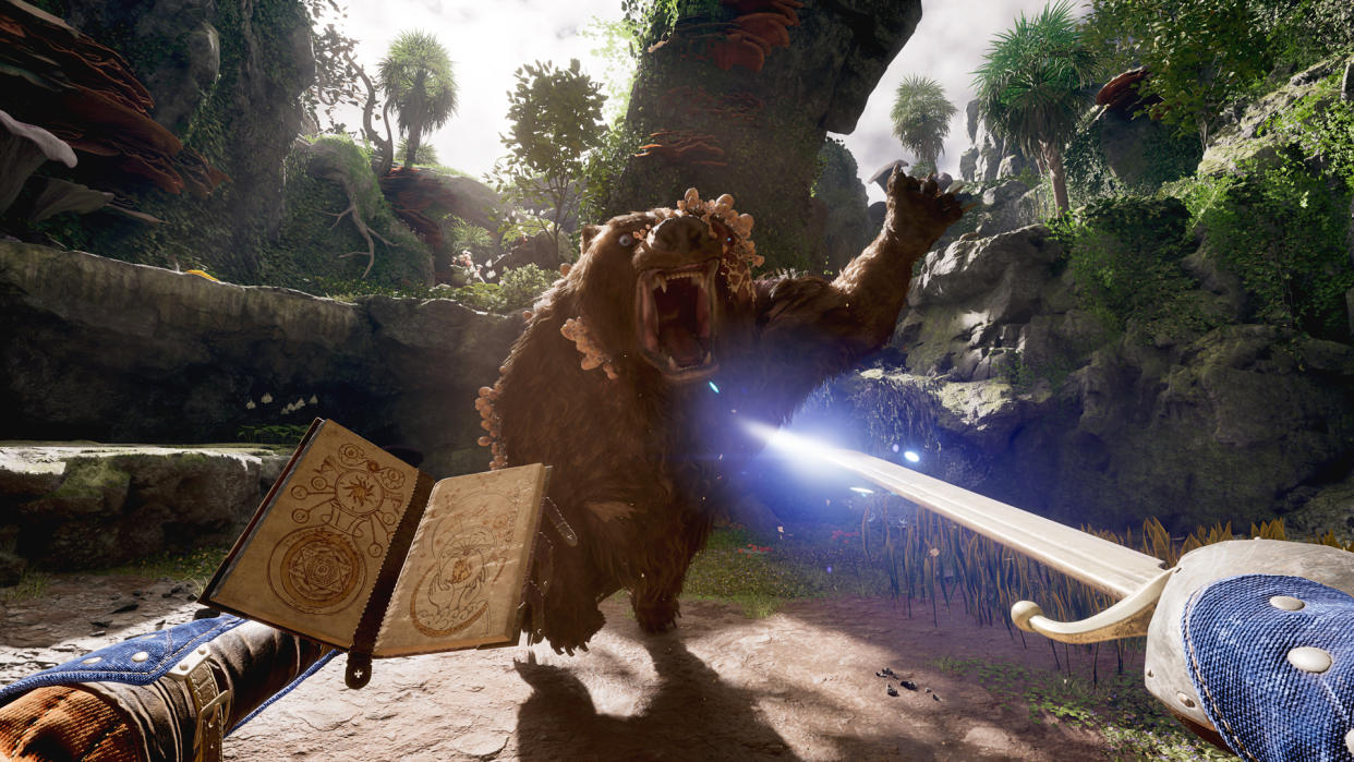  Avowed combat screenshot showing magic and sword fighting against a mutant bear. 