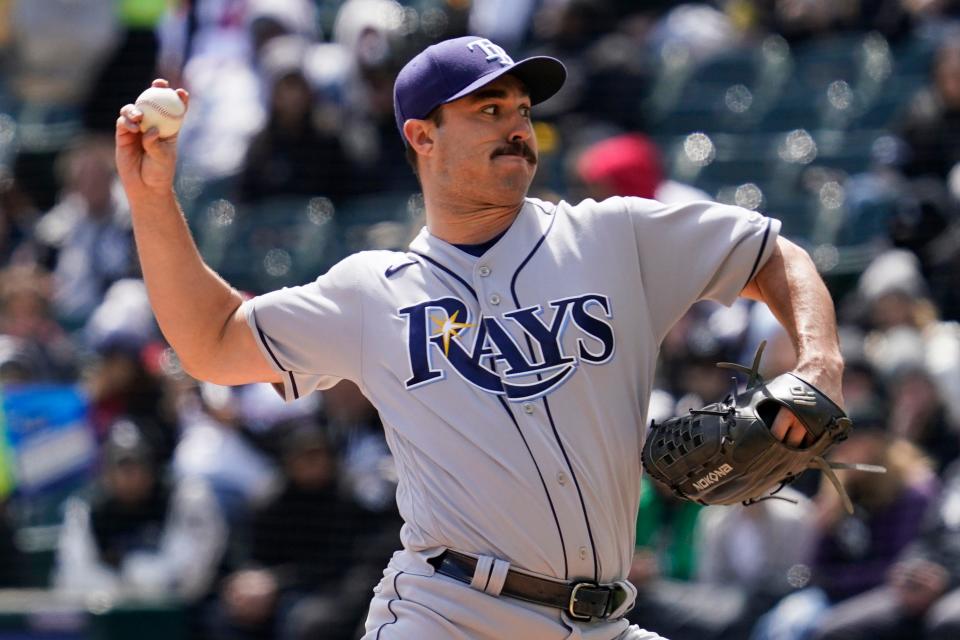 Tampa Bay Rays starting pitcher J.P. Feyereisen throws against the Chicago White Sox during the first inning of a baseball game in Chicago, Sunday, April 17, 2022. (AP Photo/Nam Y. Huh)