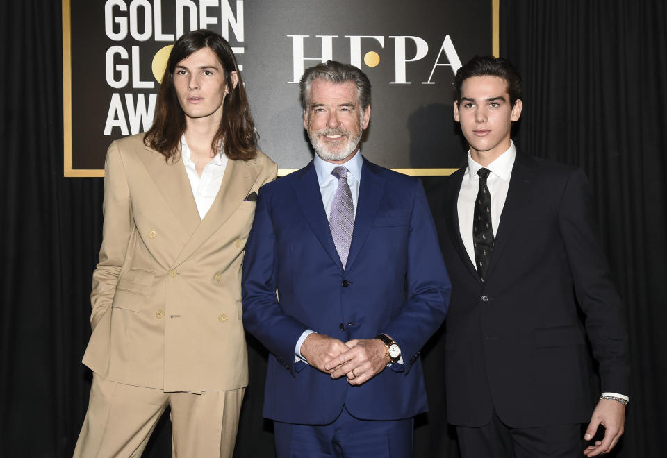 Dylan Brosnan, from left, Pierce Brosnan, and Paris Brosnan attend the Hollywood Foreign Press Association and The Hollywood Reporter celebration of the 2020 award season and Golden Globe Ambassador reveal at Catch LA on Thursday, Nov. 14, 2019, in West Hollywood, Calif. (Photo by Dan Steinberg/Invision/AP)