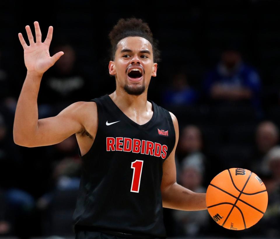 Illinois State Redbirds guard Malachi Poindexter (1) yells down court during the Indy Classic NCAA men’s basketball doubleheader against the Ball State Cardinals, Saturday, Dec. 17, 2022, at Gainbridge Fieldhouse in Indianapolis. Ball State won 83-69.