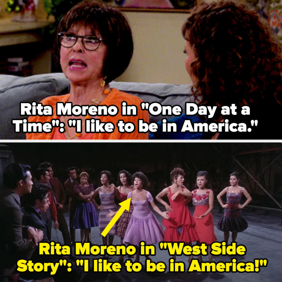 Rita Moreno's character in One Day at a Time says "I like to be in America" — then we see the actor singing that phrase in West Side Story