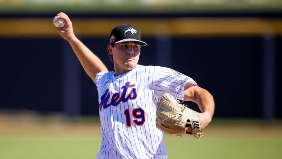 Oct 7, 2022;  Peoria, Arizona, USA;  New York Mets pitcher Mike Vasil plays for the Peoria Javelinas during an Arizona Fall League baseball game at Peoria Sports Complex.