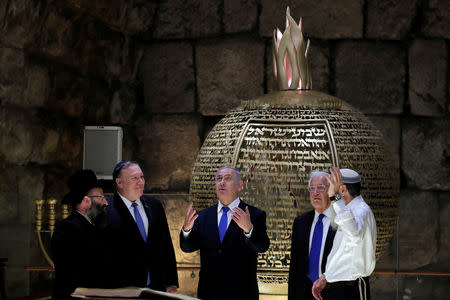 Israeli Prime Minister Benjamin Netanyahu, U.S. Secretary of State Mike Pompeo and U.S. Ambassador to Israel David Friedman visit the Western Wall Tunnels in Jerusalem's Old City March 21, 2019. REUTERS/Jim Young/Pool