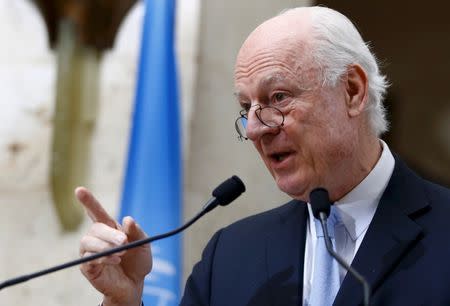 Staffan de Mistura United Nations Special Envoy for Syria addresses a news conference after a meeting of the Task Force for Humanitarian Access at the U.N. in Geneva, Switzerland, March 3, 2016. REUTERS/Denis Balibouse