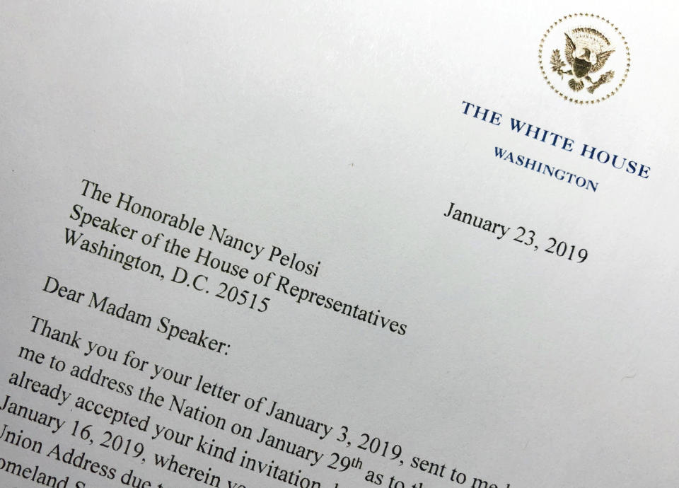 A portion of a letter sent to House Speaker Nancy Pelosi from President Donald Trump, Wednesday, Jan. 23, 2019 in Washington. Trump made it clear Wednesday that he intends to deliver his State of the Union speech to a joint session of Congress, telling House Speaker Nancy Pelosi in a letter that there are no security concerns stemming from the government shutdown and “therefore I will be honoring your invitation.” (AP Photo/Wayne Partlow)