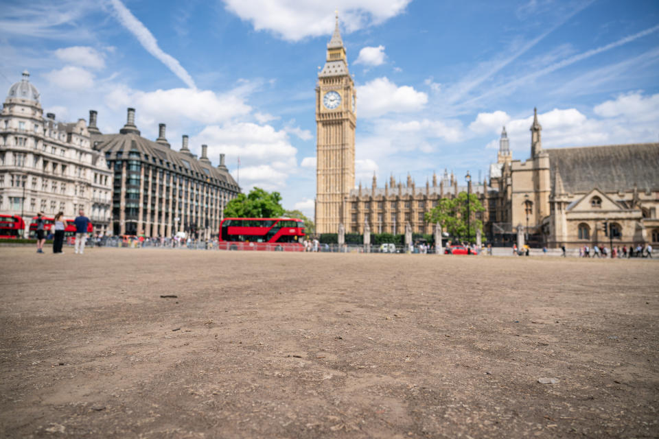 Dried-up ground in Parliament Square, in Westminster, London.