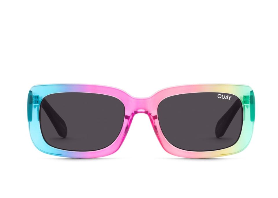 A bold rainbow framed pair of sunglasses with sturdy rectangular frames and dark lenses.