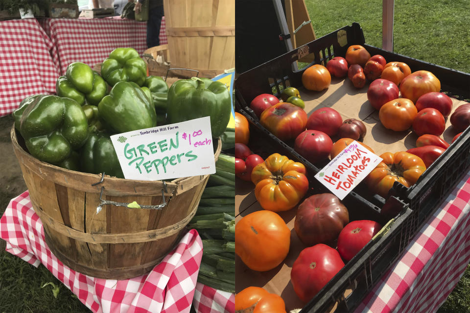 This combination of photos shows green peppers, left and heirloom tomatoes for sale at a farmer's market in Waitsfield, Vt., on Aug. 28, 2021. Signing up for a Community-Supported Agriculture program means getting a box of produce from local farms every week or two. It's a great way to take advantage of summer's bounty, discover new fruits and vegetables, and support the folks who grow food in your area. (AP Photo/Carolyn Lessard)